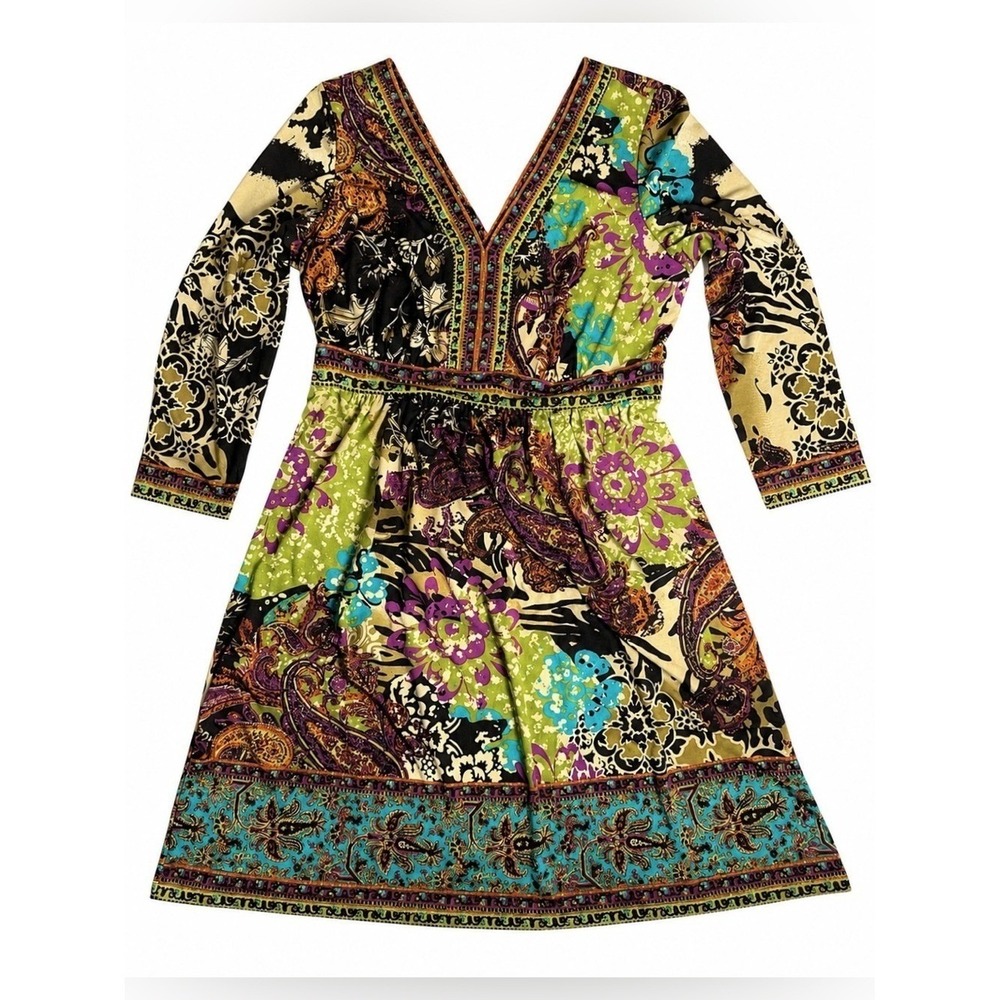 ECI New York Boho Paisley Floral Dress M Retro V Neck Long Sleeve Boho Dress